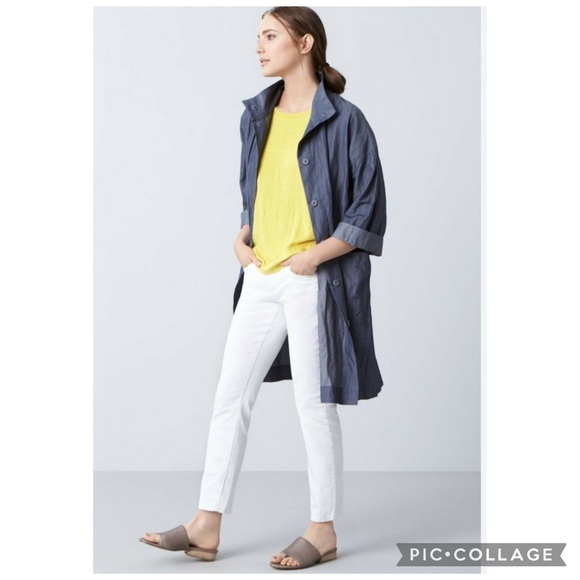 Eileen Fisher Jackets & Blazers - Eileen Fisher Denim Blue Organic Cotton Blend Stand Up Collar Coat Size XL